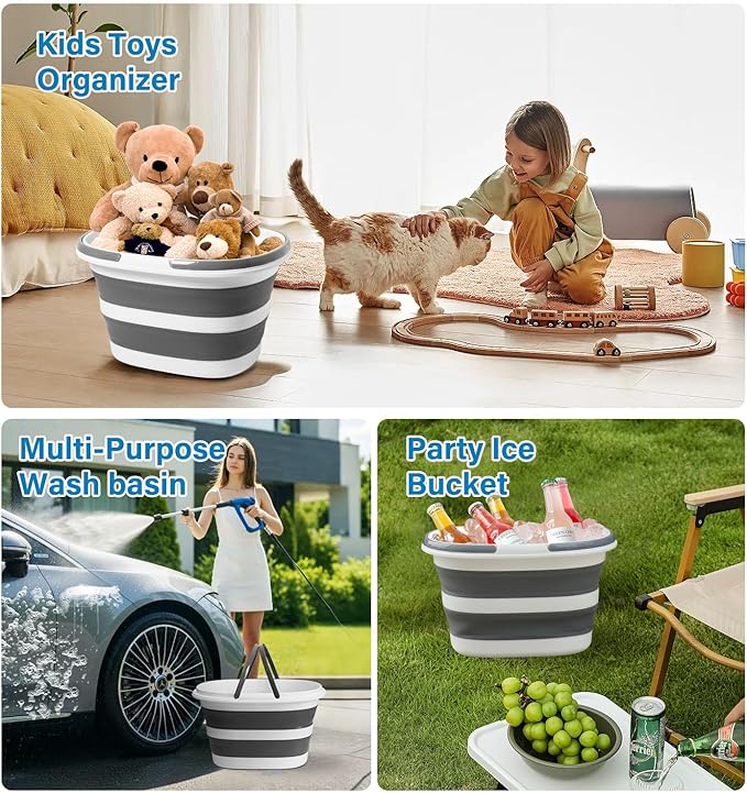 Collapsible Bucket 16L with Handles, Cleaning Mop Bucket Space Saving Foldable Silicone Tub for Laundry Storage Camping, Portable Wash Basin for Home & Car, 4.2 Gallon Compact Utility Plastic Bucket