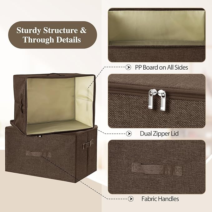 ANMINY Storage Bins with Zipper Lids 36 Qt Lidded Fabric Storage Boxes Baskets Cubes with Handles Collapsible Washable Cotton Linen Closet Shelf