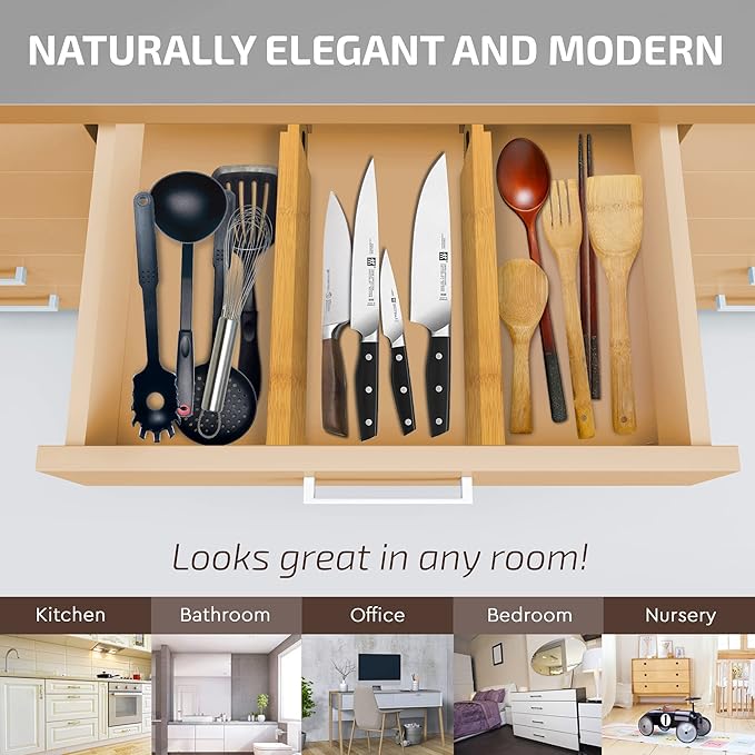 4-Pack Bamboo Drawer Dividers, 2.6 Inches High, Office Storage Organization