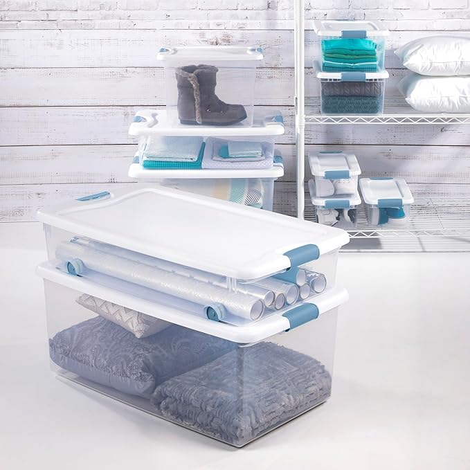 Sterilite 24-Pack Latching Box, Clear Plastic Under Bed Storage Bins with Lids, 32 Quart - Large Stackable Tote Organizer Containers for Closet, Bedroom, Bathroom, and Office Organization
