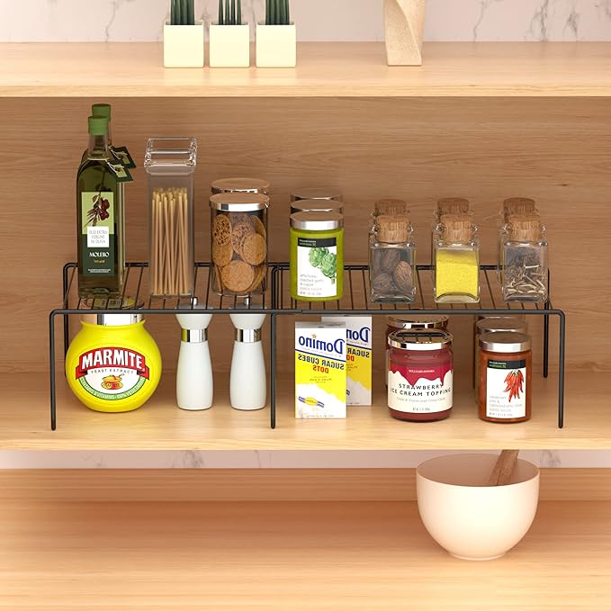 Redrubbit Cabinet Storage Shelf Rack, 8 Piece Expandable Metal Rustproof Kitchen Counter and Cabinet Shelf, Storage Rack Organizer Space Saver for Kitchen, Fridge, Cabinet, Bathroom, Black, Set of 4