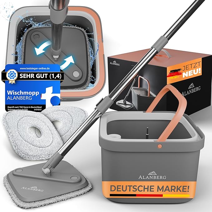 Spin Mop and Bucket Set with Wringer – Dual-Chamber Self Wringing Mop, Flat Microfiber Mop for Hardwood, Tile & Vinyl Floors, 2 Washable Replacement Heads, 63" Handle, Gray