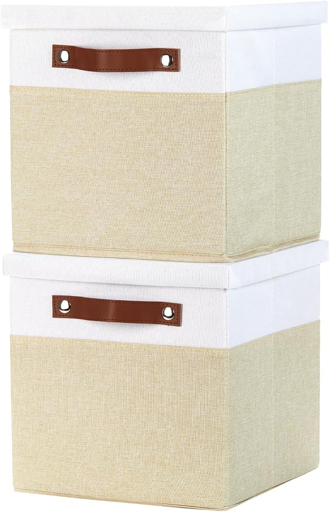Foldable Fabric Storage Bins with Lids, White&Khaki, 10.5x10.5x10.5in
