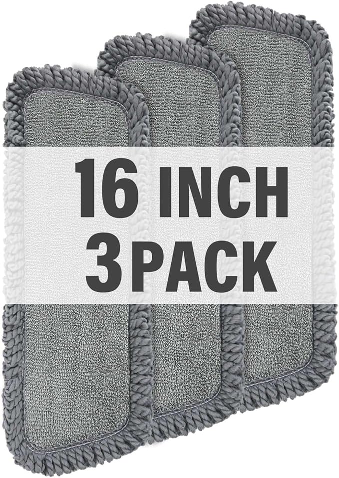 16.5 inch Mop Pads Refills, 3 Pack Microfiber Reusable Replacement Mop Pads Flat Replacements Heads for Wet Or Dry Floor Cleaning and Scrubbing, Grey Tassel Cloth