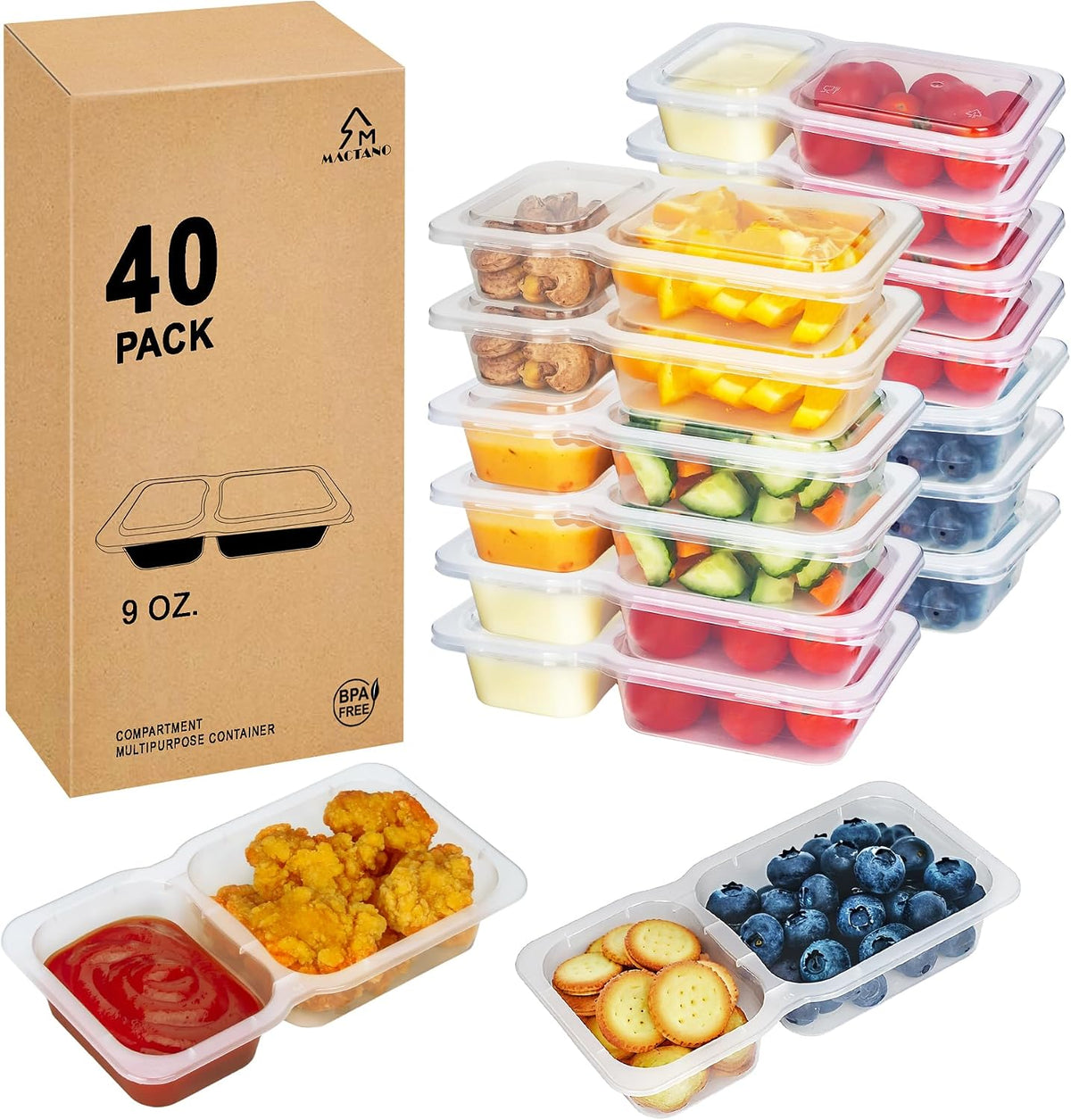 Reusable Snack Containers with Lids, 9 oz Double Compartment Plastic Snack Pack Containers Portion Control Meal Prep Snack Boxes BPA Free 40 Sets for Work Travel School