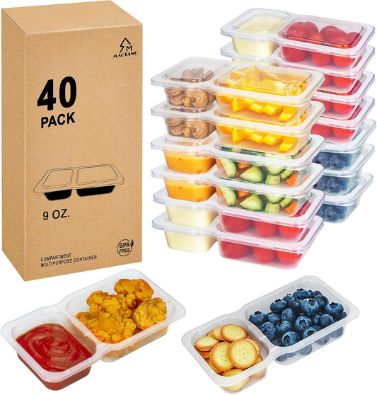 Reusable Snack Containers with Lids, 9 oz Double Compartment Plastic Snack Pack Containers Portion Control Meal Prep Snack Boxes BPA Free 40 Sets for Work Travel School