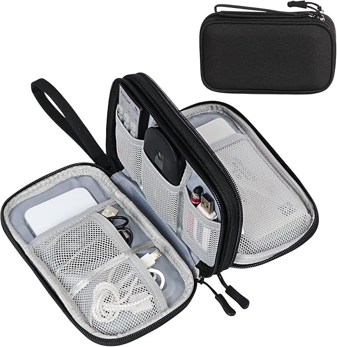 FYY Electronic Organizer, Travel Cable Organizer Bag Pouch Electronic Accessories Carry Case Portable Waterproof Double Layers Storage Bag for Cable, Cord, Charger, Phone, Earphone, Medium, Black