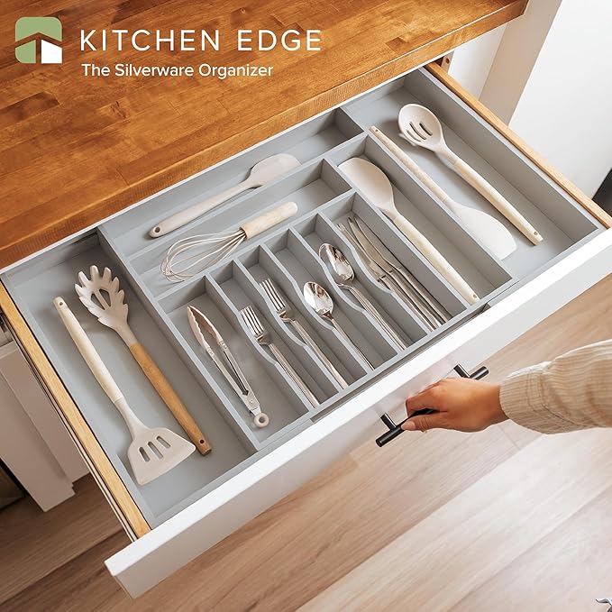 KitchenEdge Premium Silverware, Flatware and Utensil Organizer for Kitchen Drawers, Food-Safe Contract Grade, Expandable from 18 to 33 In, Gray Bamboo