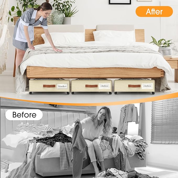 SpaceHacks 3 Pack Under Bed Storage - Large Capacity, Rolling Drawers for Clothes & Blankets (Beige)