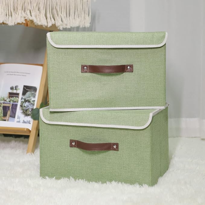 ANMINY Storage Bin with Lid Storage Boxes with PU Leather Handles PP Plastic Board Decorative Foldable Lidded Cotton Linen Fabric Home Cubes Baskets