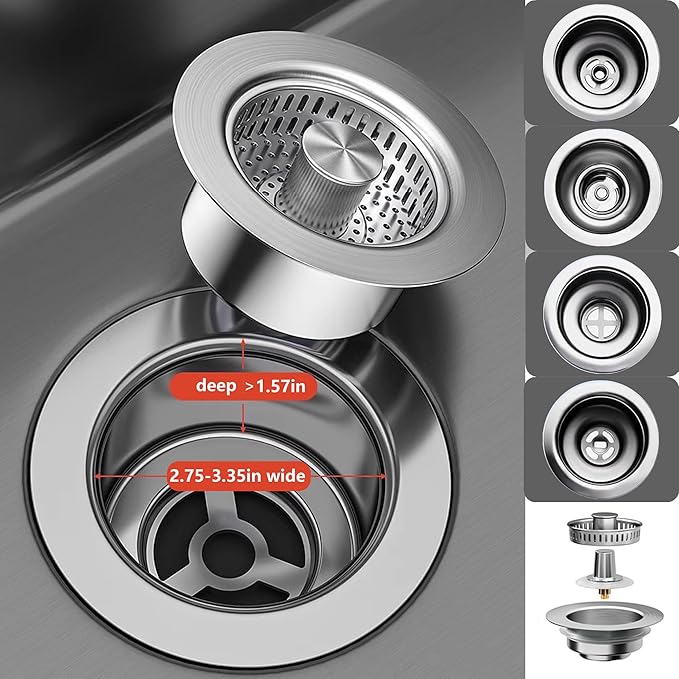 3 in 1 Pop Up Kitchen Sink Drain Strainer, with an Extra Basket Strainer, Kitchen Sink Drain Stopper for US Standard 3-1/2 Inch
