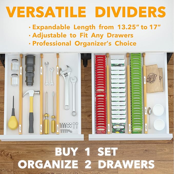 SpaceAid Bamboo Drawer Dividers (Need 2.35" Deep Drawer) Kitchen Adjustable Drawer Organizers, Expandable Organization for Home, Office, Dressers and Bathroom, 6 Dividers (13.25-17 in)
