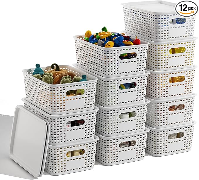 White Plastic Storage Baskets with Lids 12 Pack Stackable Storage Bins