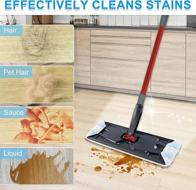 Mop Replacement Pads for Ocedar H2prO Flat Mop System, Mop Handle Mop Refills for O-Cedar H2pro Flat Mop System, Include 4 Pack Mop Pads and 4-Section Mop Handle for Ocedar H2 Pro Mop