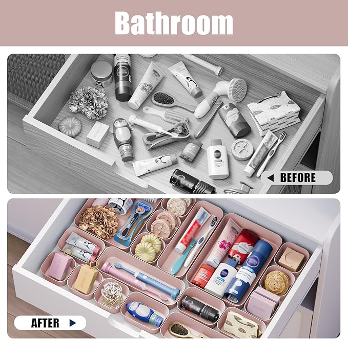 Plastic Drawer Organizers, 18 PCS Bathroom Drawer Organizer Bins, Desk and Vanity Organizer Plastic Tray, Makeup organizer and storage for Bedroom, Kitchen Gadgets Utensils and Office (Pink)
