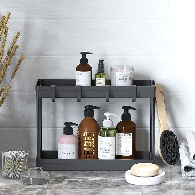 Simple Houseware 2-Tier Under Sink Organizer Storage Tray with Hooks, Black