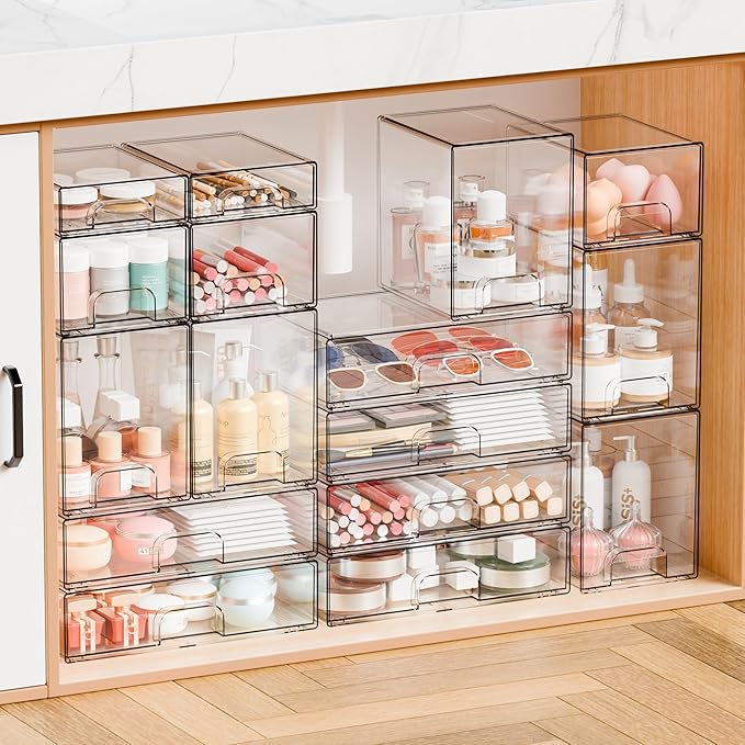 8 Pack Small Stackable Storage Bins, Clear Acrylic Drawer Boxes
