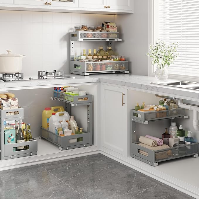 2-Pack Under Sink Storage Organizer, Large 2-Tier Elegant Mesh Pull Out Shelf for Kitchen and Bathroom Cabinet Organization, L-Shaped and Adjustable Height Design-Gun Gray