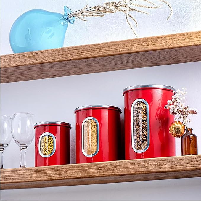 Mixpresso 3-Piece Red Canisters Sets For The Kitchen, Airtight Canister Set With See Through Window, Storage Jars for Coffee Container