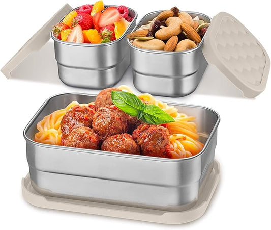 Homikit 3 Pack Kids Lunch Box Set, 18/10 Stainless Steel Bento Boxes with Silicone Lids Leak Proof