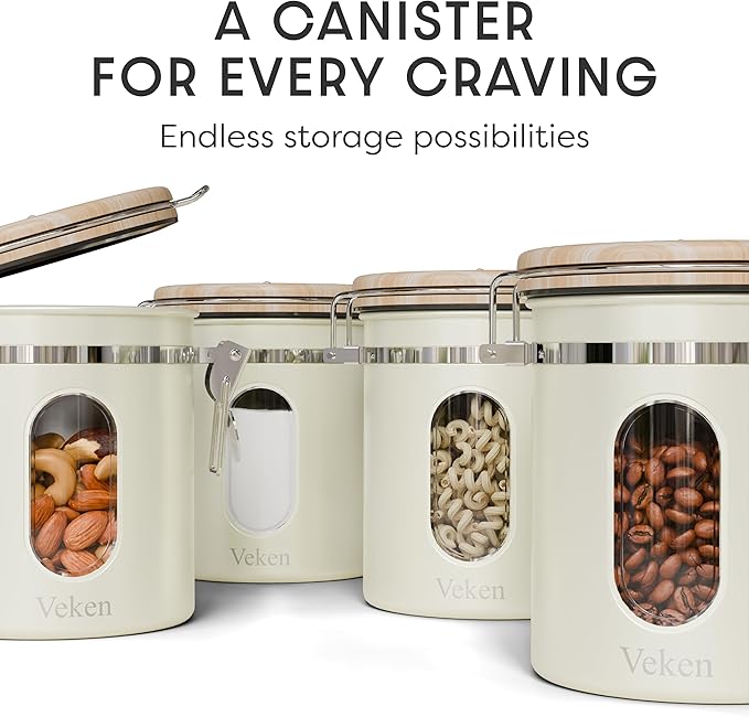 Veken Coffee Sugar Canister with Window, Airtight Stainless Steel Kitchen Food Storage Container with Lids, Date Tracker and Scoop for Grounds Coffee