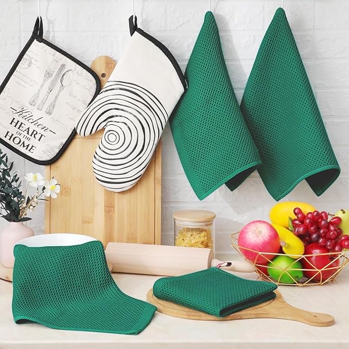 Homaxy 100% Cotton Waffle Weave Kitchen Dish Cloths, Ultra Soft Absorbent Quick Drying Dish Towels, 12 x 12 Inches, 8-Pack, Dark Green