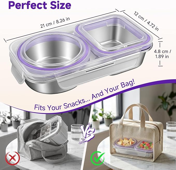 Stainless Steel Snack Containers with Lid, Reusable 2 Compartment Snack Box Leak-Proof Food Storage Container, 13 Oz BPA-Free Metal Bento Lunch Box for Home, Travel, Picnic (1 Pack, Purple)