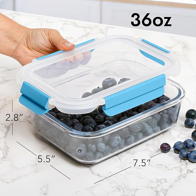 ECOBERI 4.5 Cup Glass Meal Prep Containers with Lids & Silicone Sleeves, 5-Pack Airtight, Leak-Resistant Food Storage Containers for Fridge, Freezer