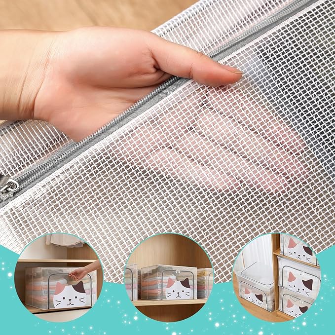 3 Pack Clear Storage Bins with Metal Frame,Waterproof Stackable Organizer Box with Durable Handles,Foldable Closet Container for Bedding, Clothes(Cute Cat,66L)