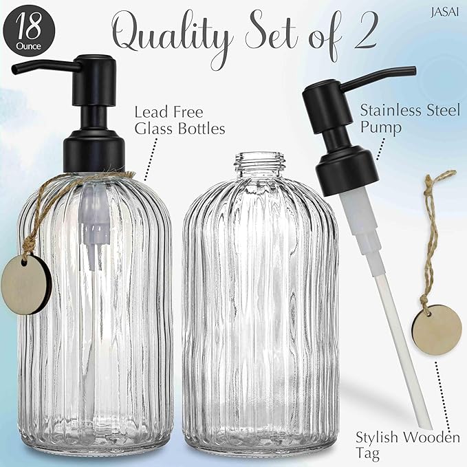 JASAI 2PACK 18Oz Simple Glass Soap Dispensers with Black Pump, Refillable Kitchen soap Dispenser with Vertical Stripe, Bathroom Soap Dispenser for Bathroom Hand soap, Dish Soap, Lotion.