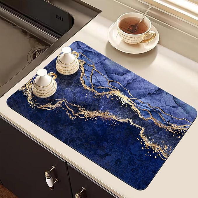 Dish Drying Mat for Kitchen Counter, Blue Marble and Golden Veins Washable Absorbent Quick Dry Pad with Rubber Backing, Draining Mat for Dishes Coffee Table, 16" x 24"