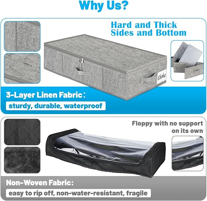 Under Bed Storage Container Bin 3 Pack, Low Profile Foldable Underbed Clothes Storage Organizer W/ Ultra Thick Fabric and Sturdy Bottom/Sides