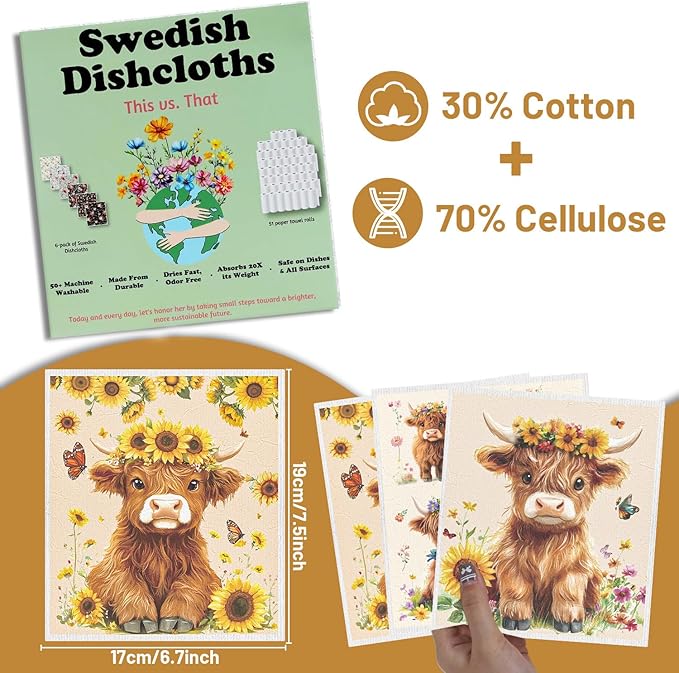 Swedish Dishcloths for Kitchen, 6PCS Floral Highland Cow Swedish Dish Cloths Gift Set, Reusable Washable Absorbent Dish Towel for Home Cleaning