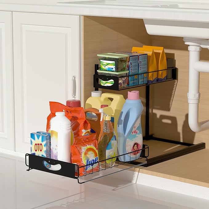 Under Sink Organizer with Pull-Out Drawers,Kitchen Sink Organizer,2 Tier Bathroom Organizers And Storage,Bathroom Accessories Set,Black 1 Pack