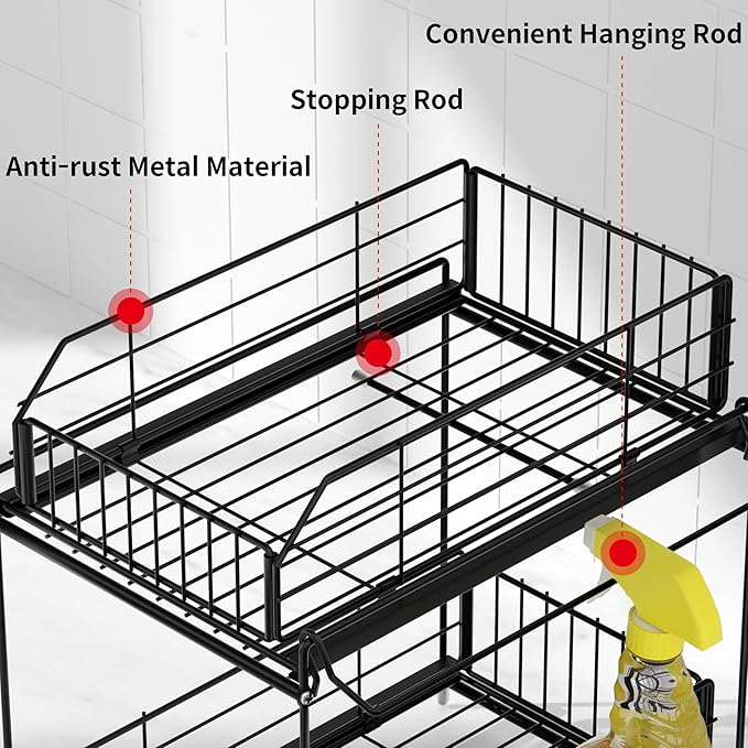 SUEH DESIGN Under Sink Organizers and Storage, 2 Tier Metal Under Sink Storage with Hanging Rail for Kitchen Bathroom Cabinet Organizer, 2 Pack