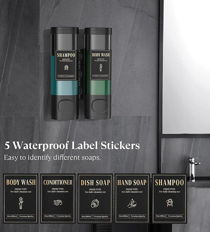 Luxspire Shampoo and Conditioner Dispenser, No Drill Wall Mounted Shower Soap Dispenser 2 Chamber with Waterproof Labels, Easy Refill Soap Dispenser for Bathroom Hotel Kitchen, Black