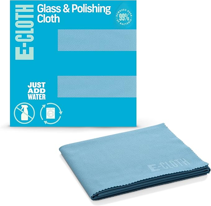 E-Cloth Glass & Polishing Cloths, Premium Microfiber Glass Cleaner, Great for Windows, Glass and Mirrors, Washable and Reusable, 100 Wash Guarantee, Alaskan Blue, 1 Pack