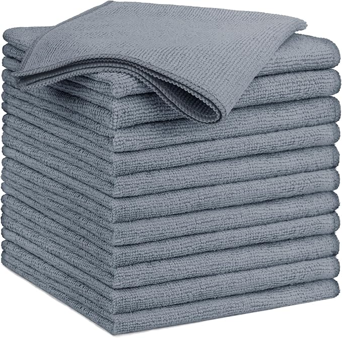 GLIMGLINT Grey Microfiber Cleaning Cloth,12PK Reusable Cleaning Rags, Highly Absorbent Shop Rags Bulk, All-Purpose Car Cleaning Towels for TV Screen, Kitchen, Bathroom, Restaurant Garage, 14"X12"