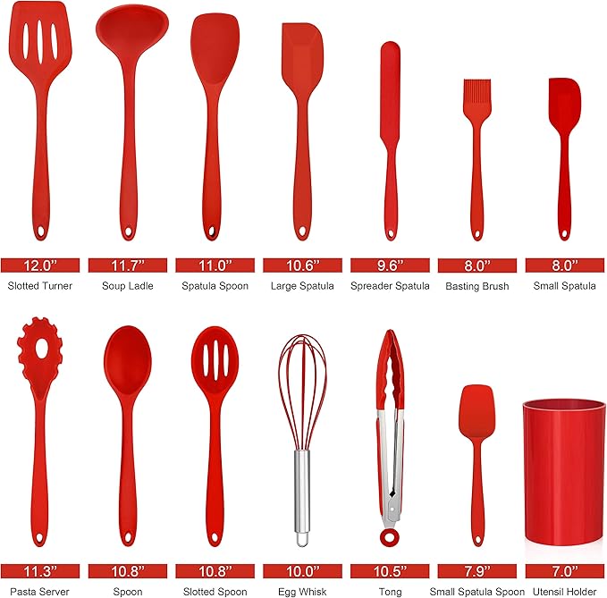 LIANYU 14 Pcs Cooking Utensils Set with Holder, Heat Resistant Silicone Kitchen Cookware Utensils Set, Kitchen Cooking Tools Includes Spatula Spoon Turner Whisk Tong, Dishwasher safe, Red