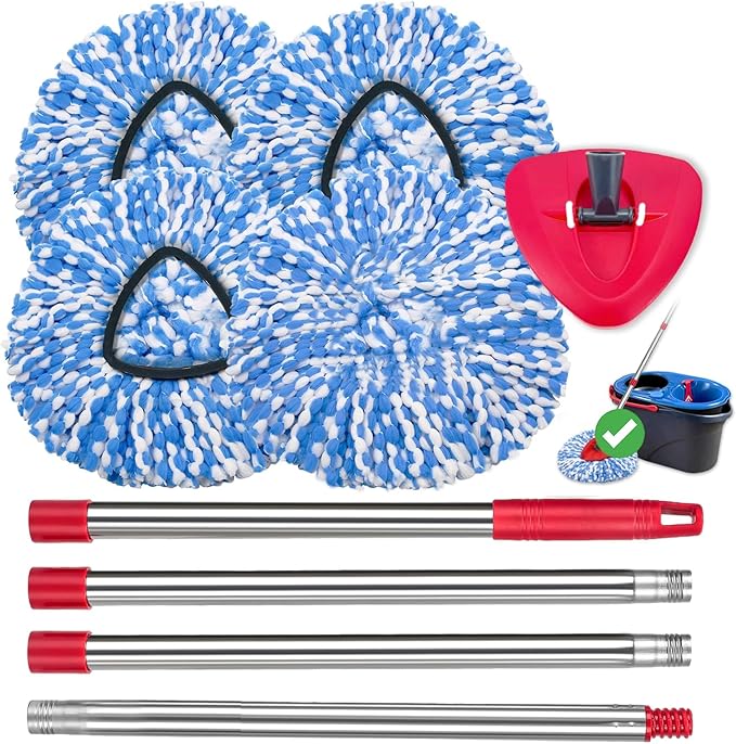 4 Pack Spin Mop Replacement Heads Compatible for O Ceda RinseClean 2 Tank System, Microfiber Mop Refills,Deep Cleaning, with 4.33in Core Base and Handles