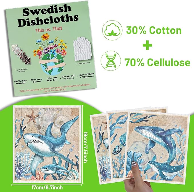 Swedish Dishcloths for Kitchen, Reusable Absorbent Fast Drying Sea Animals Theme Swedish Dish Cloths Gift Set, Washable Cellulose Sponge Cloths Dish Towel for Washing Dishes