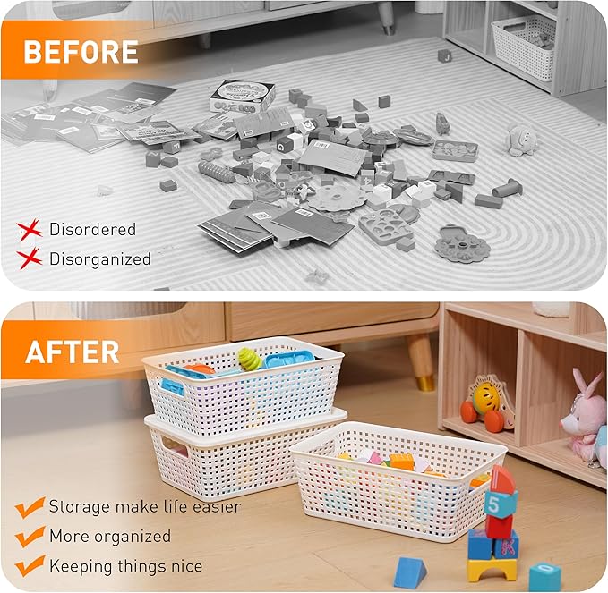 Plastic Storage Baskets With Lid, Storage Bins for Organizing, Stackable Decorative Containers for Shelves Drawers Desktop Closet Playroom Classroom Office, 6 Pack- White
