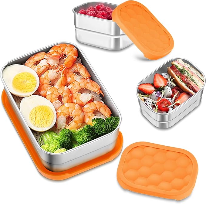 HaWare 8oz*2+25oz Stainless Steel Lunch Containers, Leak Proof Food Storage Snack Containers with Silicone Lids, Portable Sandwich Containers