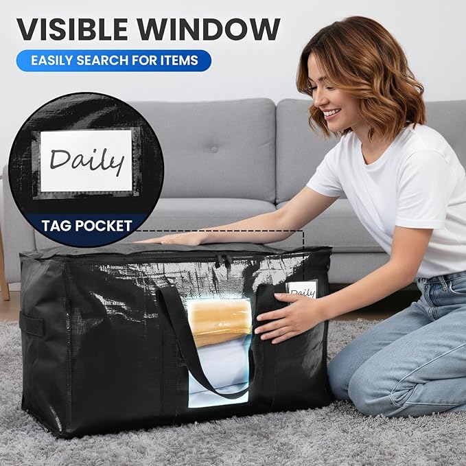 TAILI Extra Large Moving Bags, 8 Pack Black Heavy Duty Totes For Storage with Visible Window, Wrap Around Handles, Storage Bags for Space Saving