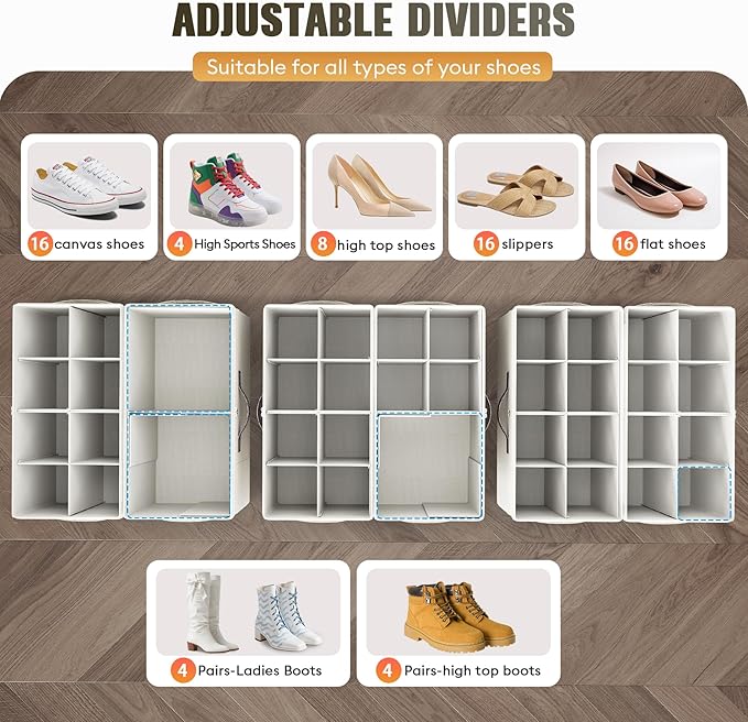 Budding Joy 2 Pack Shoe Organizer for Closet, Clear Foldable Shoe Storage Containers Adjustable Dividers Fits 16 Pairs