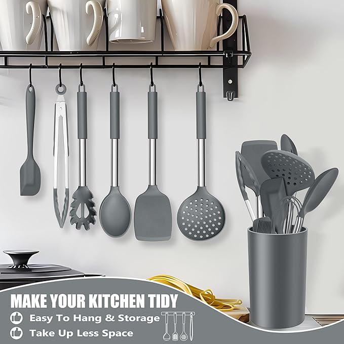 E-far 14 Pieces Silicone Cooking Utensils Set, Kitchen Utensils Set with Holder, Spatula, Ladle, Spoon, Tong, Slotted Turner for Nonstick Cookware, 446°F Heat Resistant & Stainless Steel Handle, Gray