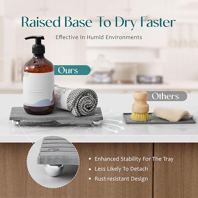 Water Absorbing Stone Tray for Sink, Diatomite Drying Stone for Kitchen Bathroom Counter, Decorative Raised-Feet Vanity Tray, Sink Caddy Organizer for Dish Soap & Sponge Holder [Grey, 9'' x 4'']
