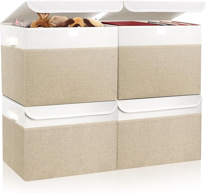 Bagnizer Large 22 Quart Linen Fabric Foldable Storage Bin Cube Organizer Basket with Flip-Top Lid & Handles, Clothes Blanket Box for Home, Office
