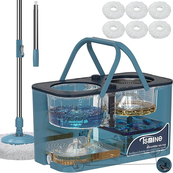 Spin Mop for Large Homes & Big Floor Cleaning, Clean & Dirty Water Separation Mop Bucket for Family & Pet Homes,4-Chamber System, Glide Wheels, Safe for Hardwood & Tile, Adjustable Handle, 6 Mop Heads