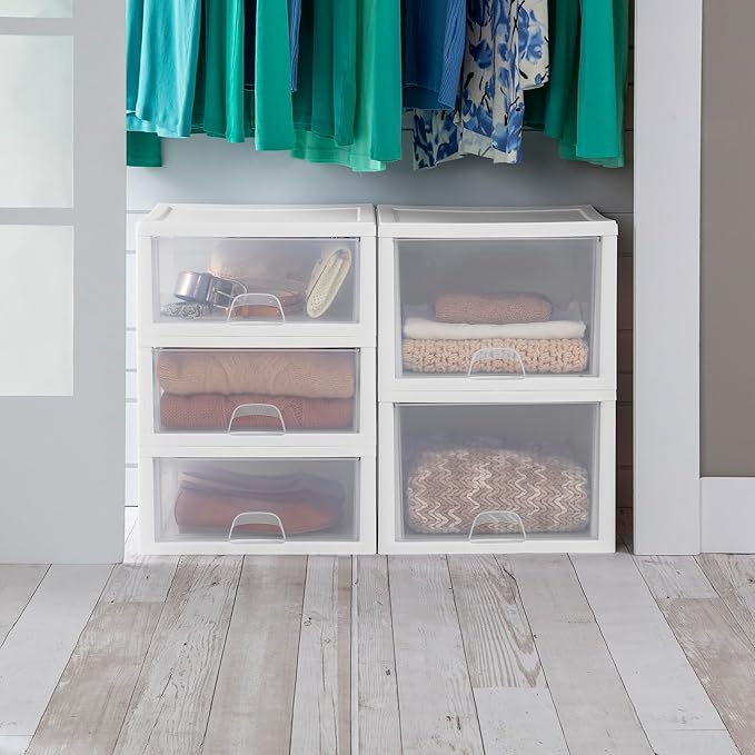 6-Pack 16 Quart Stacking Drawer, Clear Storage Closet Organizer, White Frame